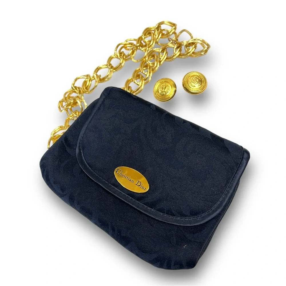 DIOR Midnight Blue Damask Cosmetic/Jewelry Bag Gold Tone Logo
